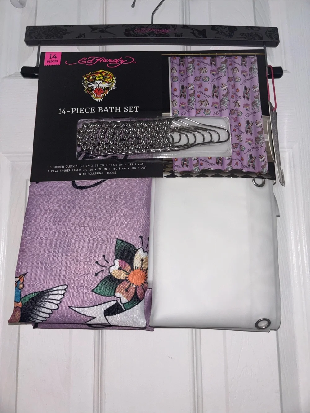 Ed Hardy Lavender Tattoo-Print Bath Set with White Liner